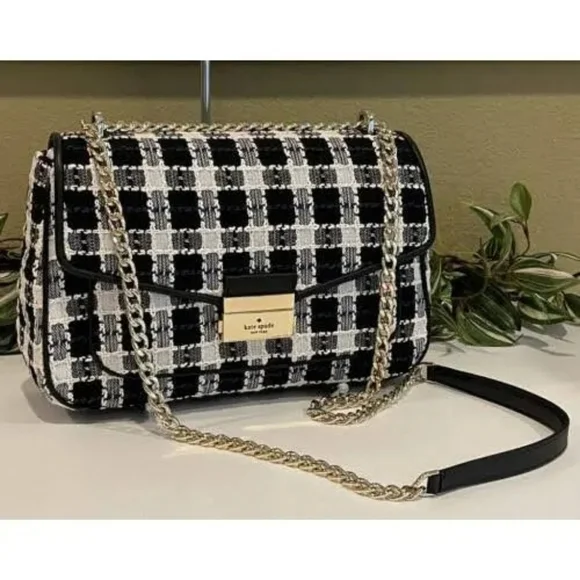 NWT Kate Spade Black, White, Blue Carey Checked Tweed Medium Shoulder Bag Chain - Picture 5 of 15